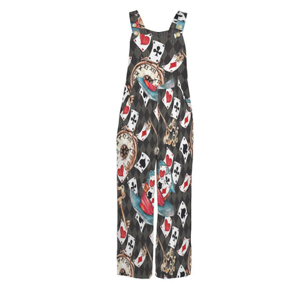 Playing Card Jumpsuit, Whimsical Clock Print Wide Leg Overalls
