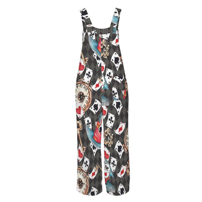 Playing Card Jumpsuit, Whimsical Clock Print Wide Leg Overalls