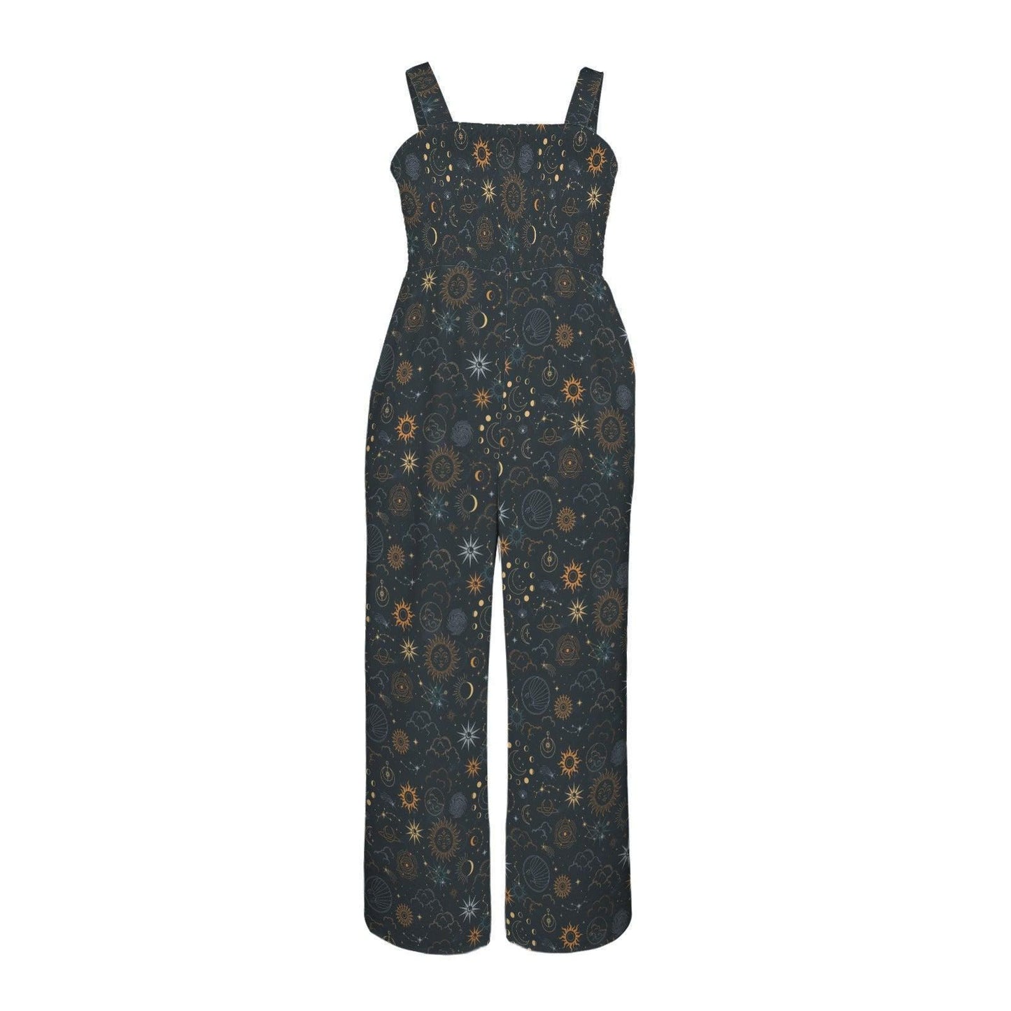 Celestial wide leg jumpsuit with sun moon star print, boho festival romper, mystical astrology fashion