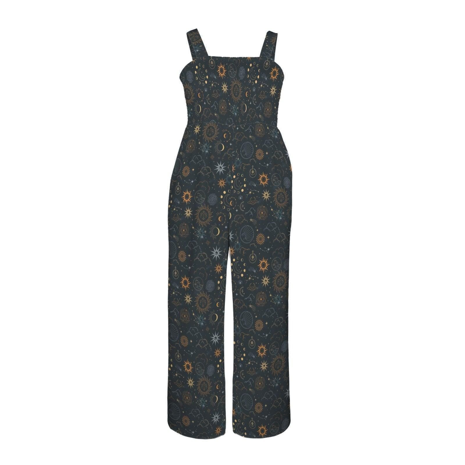 Celestial wide leg jumpsuit with sun moon star print, boho festival romper, mystical astrology fashion