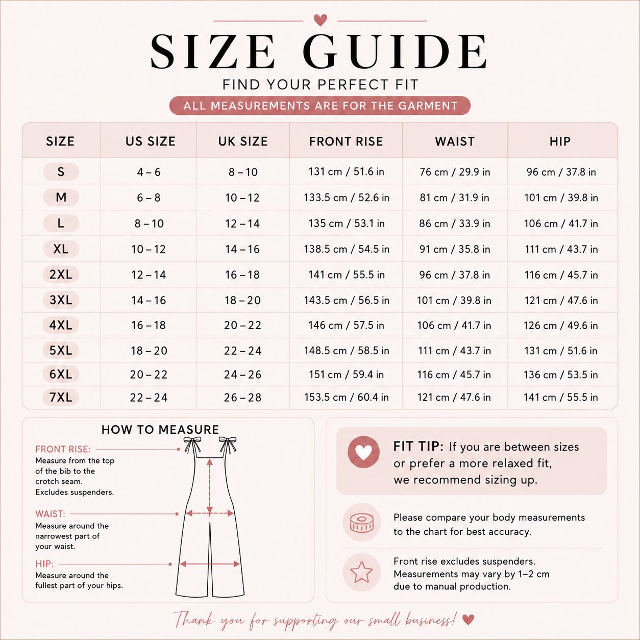 The image is a size guide that provides measurements and fit tips for various sizes of women's dresses and skirts.
