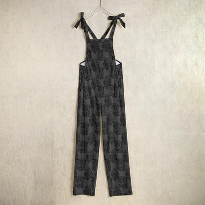 Black Floral Jumpsuit with Bow Straps, Wide Leg Romper, Moody Boho Vacation Outfit