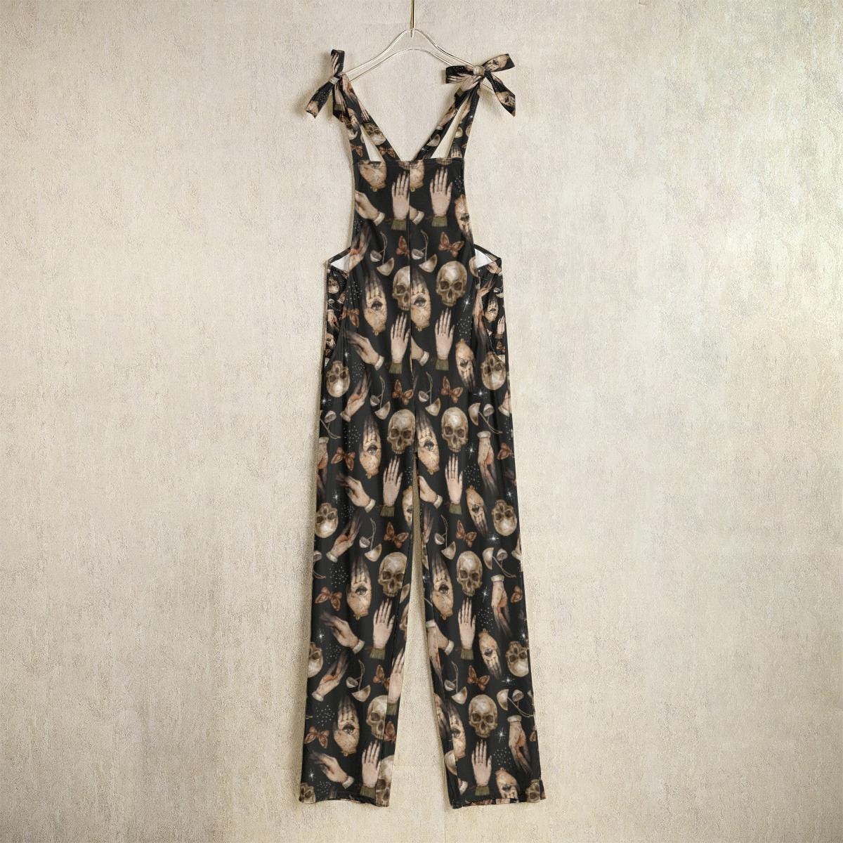 Skull Print Jumpsuit, Gothic Wide Leg Romper, Witchy Tie Strap One Piece