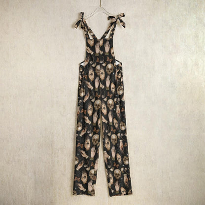 Skull Print Jumpsuit, Gothic Wide Leg Romper, Witchy Tie Strap One Piece