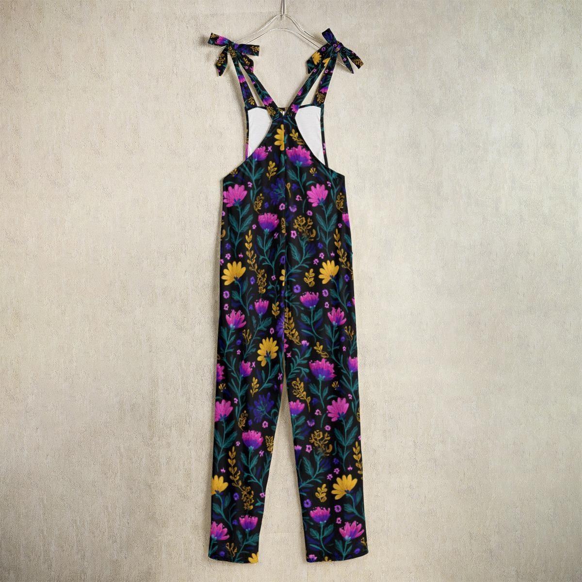Colorful floral overalls, botanical wide-leg dungarees, festival and art event outfit, nature-inspired fashion