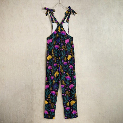 Colorful floral overalls, botanical wide-leg dungarees, festival and art event outfit, nature-inspired fashion