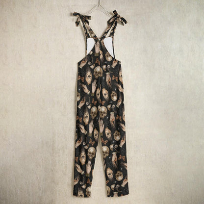 Skull Print Jumpsuit, Gothic Wide Leg Romper, Witchy Tie Strap One Piece