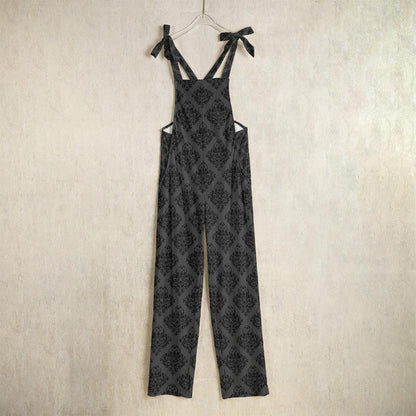 Gothic damask jumpsuit, tie strap wide leg romper, charcoal one piece outfit
