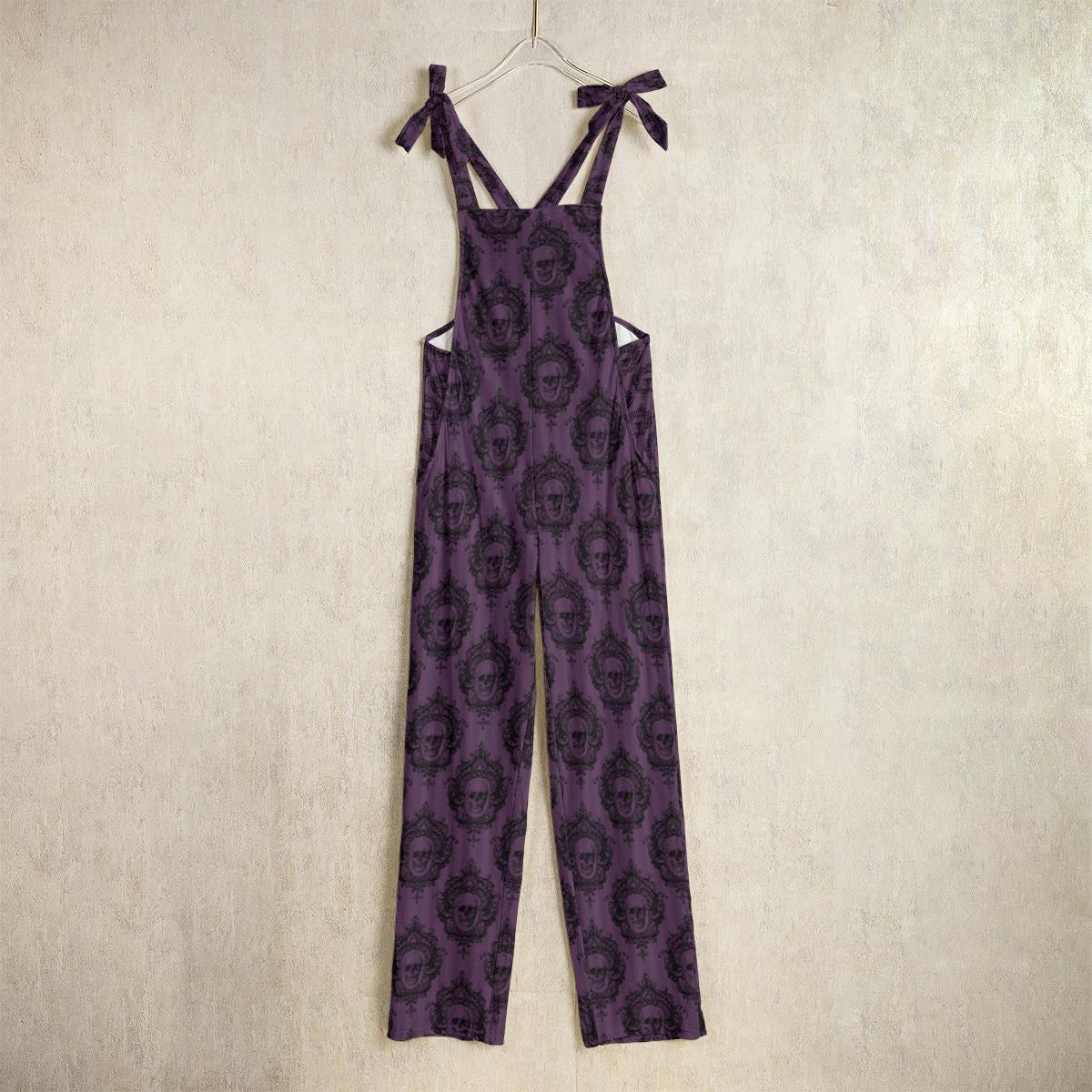 Purple skull jumpsuit, gothic wide-leg overalls, witchy festival romper, occult streetwear, casual alternative dungarees