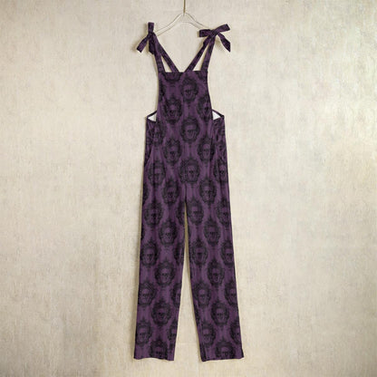 Purple skull jumpsuit, gothic wide-leg overalls, witchy festival romper, occult streetwear, casual alternative dungarees