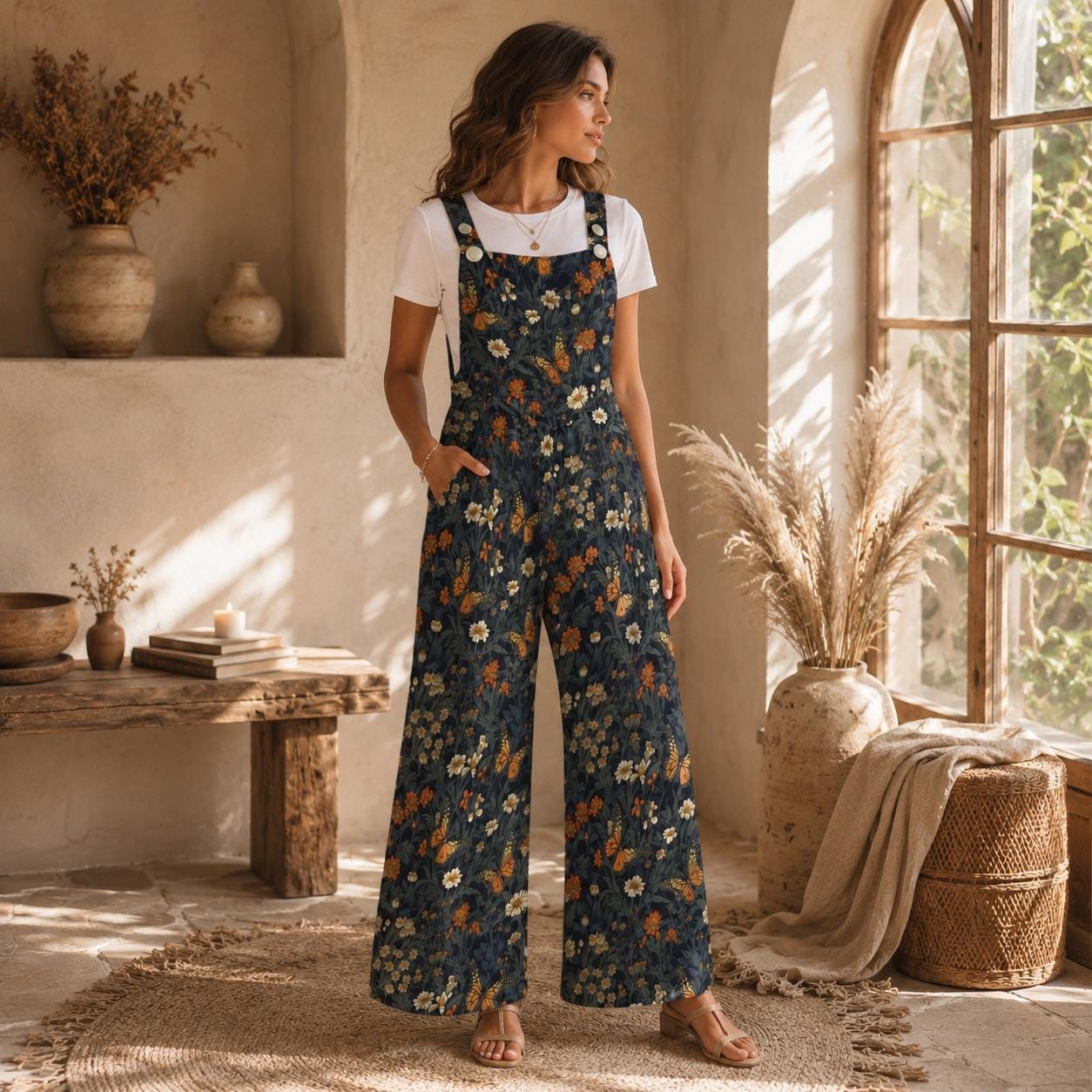 Butterfly Floral Wide Leg Jumpsuit, Boho Meadow Nature Dungarees, Spring Travel Outfit