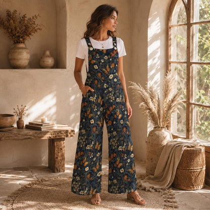 Butterfly Floral Wide Leg Jumpsuit, Boho Meadow Nature Dungarees, Spring Travel Outfit