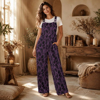Gothic Floral Overalls for Women, Purple Wide Leg Jumpsuit, Dark Boho Outfit with Pockets