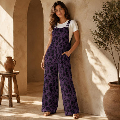 Gothic Floral Overalls for Women, Purple Wide Leg Jumpsuit, Dark Boho Outfit with Pockets