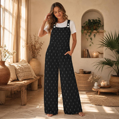 Skull Print Overalls for Women, Black Wide Leg Jumpsuit, Edgy Everyday Goth Outfi