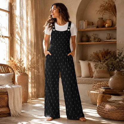 Skull Print Overalls for Women, Black Wide Leg Jumpsuit, Edgy Everyday Goth Outfi