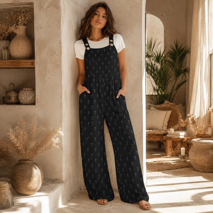 Skull Print Overalls for Women, Black Wide Leg Jumpsuit, Edgy Everyday Goth Outfi