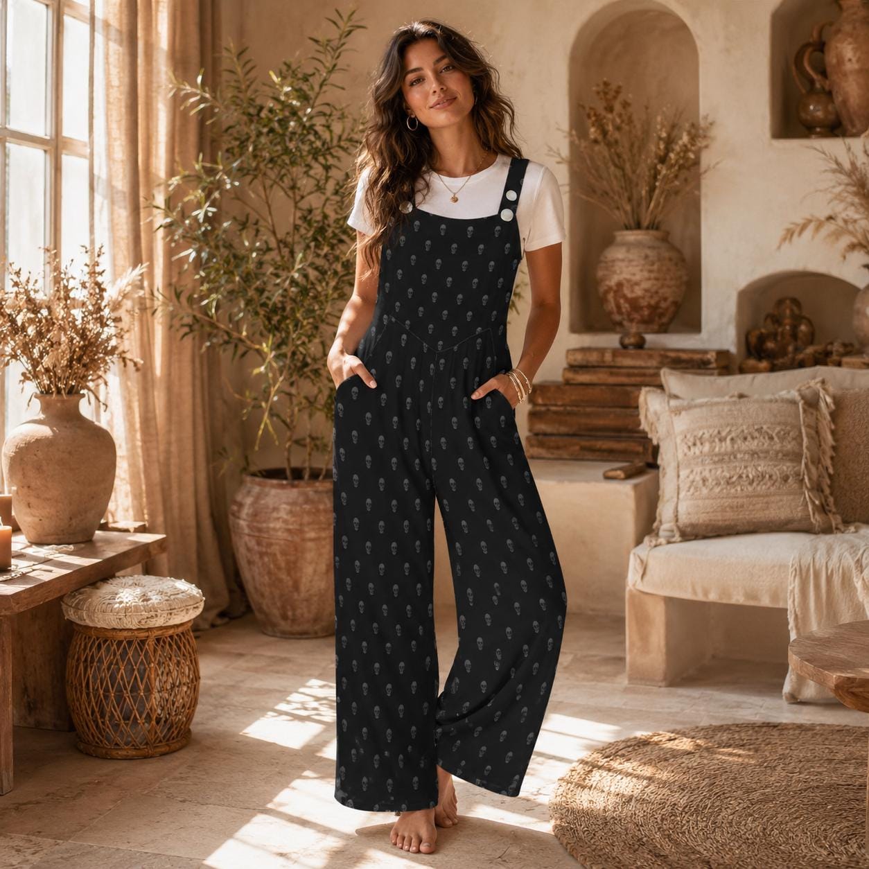 Skull Print Overalls for Women, Black Wide Leg Jumpsuit, Edgy Everyday Goth Outfi