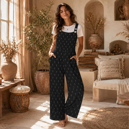Skull Print Overalls for Women, Black Wide Leg Jumpsuit, Edgy Everyday Goth Outfi