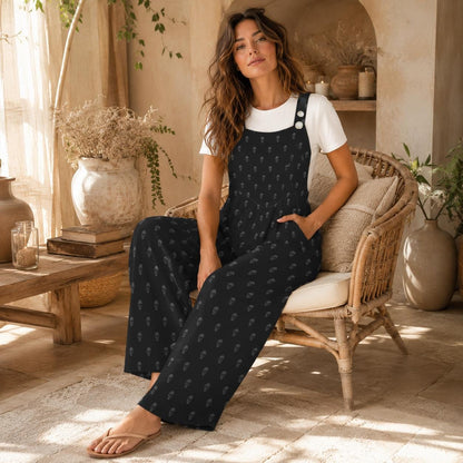 Skull Print Overalls for Women, Black Wide Leg Jumpsuit, Edgy Everyday Goth Outfi