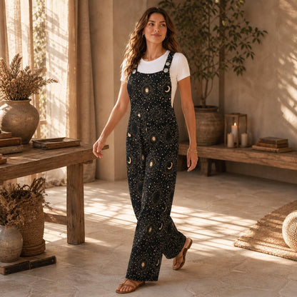 Celestial Moon Sun Wide Leg Jumpsuit, Boho Astrology Print Dungarees, Festival Travel Outfit