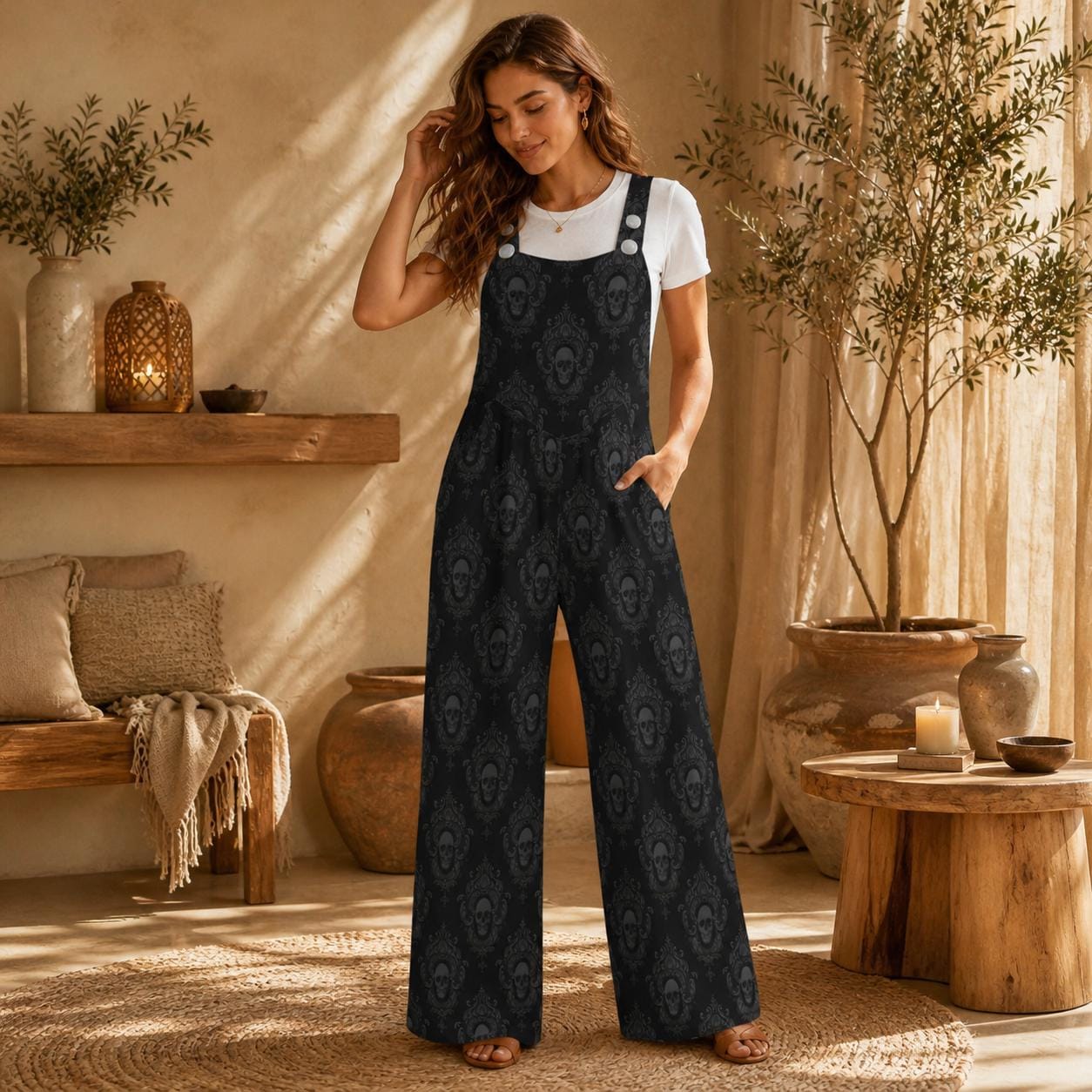 Skull Print Wide Leg Jumpsuit, Gothic Damask Dungarees, Alternative Lounge Outfit