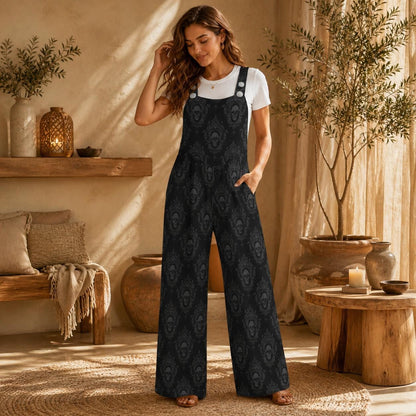 Skull Print Wide Leg Jumpsuit, Gothic Damask Dungarees, Alternative Lounge Outfit