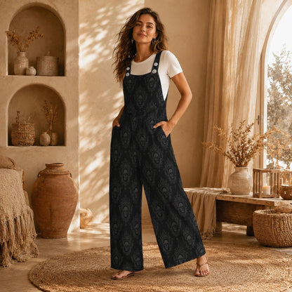 Skull Print Wide Leg Jumpsuit, Gothic Damask Dungarees, Alternative Lounge Outfit