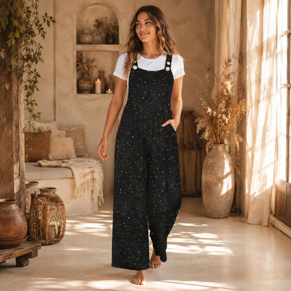 Star Print Jumpsuit for Women, Constellation Dungarees, Black Lounge Overalls, Minimal Galaxy Outfit Gift