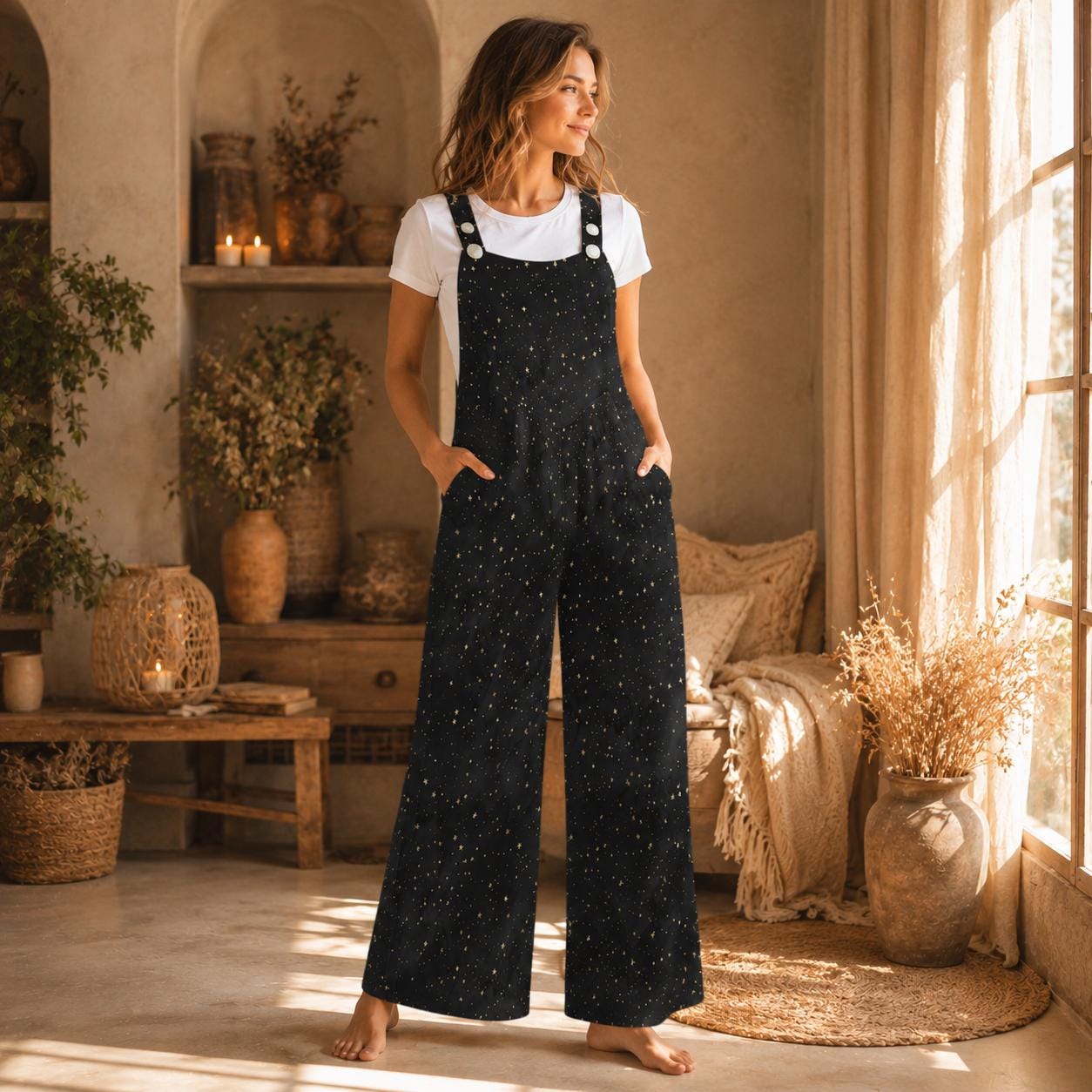 Star Print Jumpsuit for Women, Constellation Dungarees, Black Lounge Overalls, Minimal Galaxy Outfit Gift
