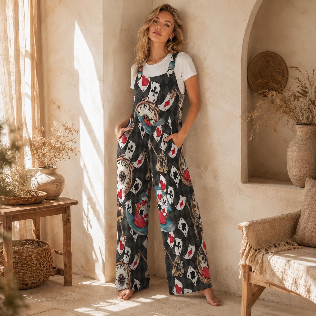 Playing Card Jumpsuit, Whimsical Clock Print Wide Leg Overalls