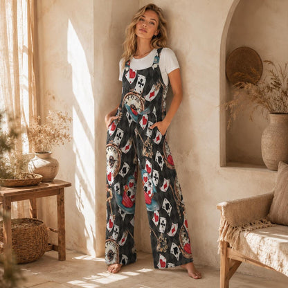 Playing Card Jumpsuit, Whimsical Clock Print Wide Leg Overalls