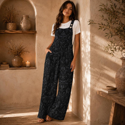 Black Damask Jumpsuit, Gothic Baroque Wide Leg Overalls, Victorian Alternative Wear