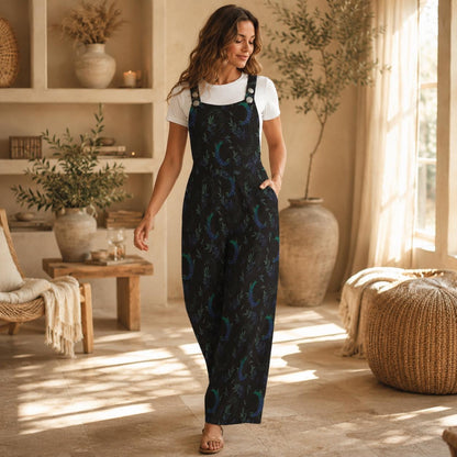 Celestial Moon Print Wide Leg Jumpsuit, Boho Botanical Dungarees Outfit