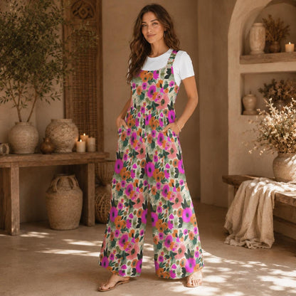 Floral Wide Leg Jumpsuit, Retro Flower Dungarees, Boho Spring Outfit