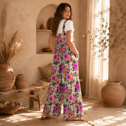 Floral Wide Leg Jumpsuit, Retro Flower Dungarees, Boho Spring Outfit