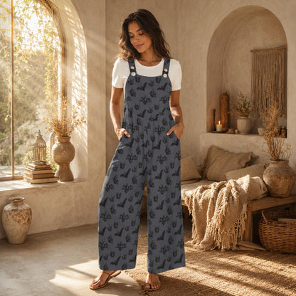 Bat Print Overalls for Women, Halloween Wide Leg Jumpsuit with Pockets, Spooky Casual Outfit