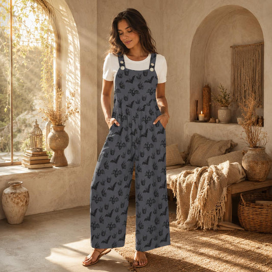 Bat Print Overalls for Women, Halloween Wide Leg Jumpsuit with Pockets, Spooky Casual Outfit