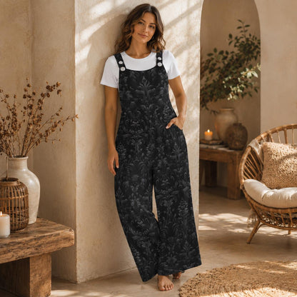 Black Damask Jumpsuit, Gothic Baroque Wide Leg Overalls, Victorian Alternative Wear