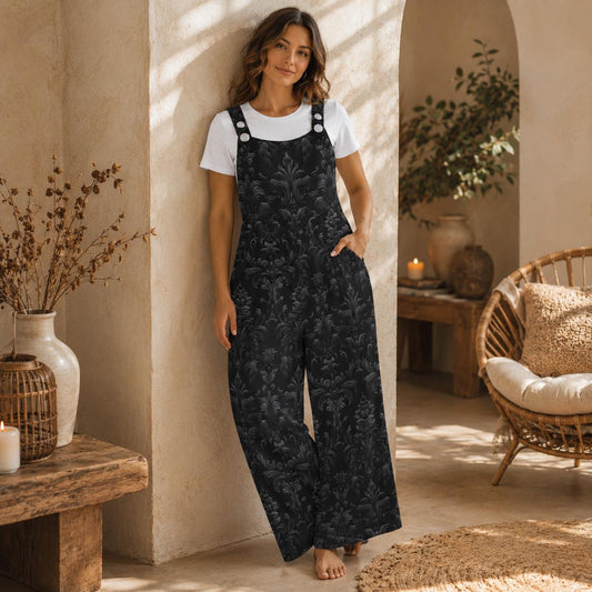 Black Damask Jumpsuit, Gothic Baroque Wide Leg Overalls, Victorian Alternative Wear