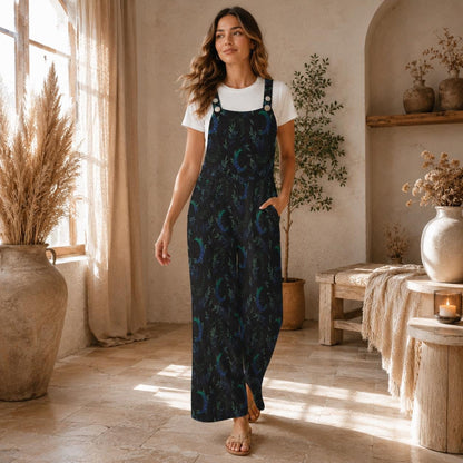 Celestial Moon Print Wide Leg Jumpsuit, Boho Botanical Dungarees Outfit