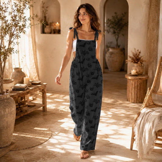 Bat Print Dungarees, Wide Leg Adjustable Strap Alternative Overalls