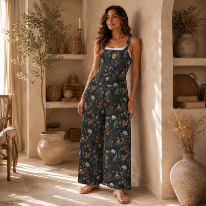 Dark Floral Palazzo Jumpsuit, Moody Botanical Wide Leg Outfit