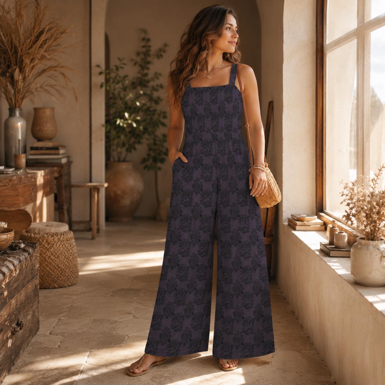 Dark Floral Wide Leg Jumpsuit with Pockets, Boho Sleeveless Romper, Moody Rose Outfit
