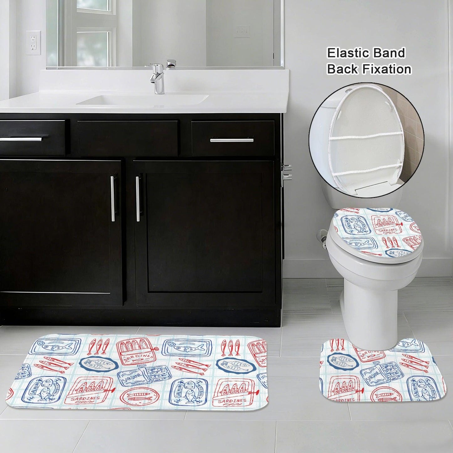 Tinned Fish Shower Curtain, Retro Seafood Bath Decor, Red Blue Coastal Print