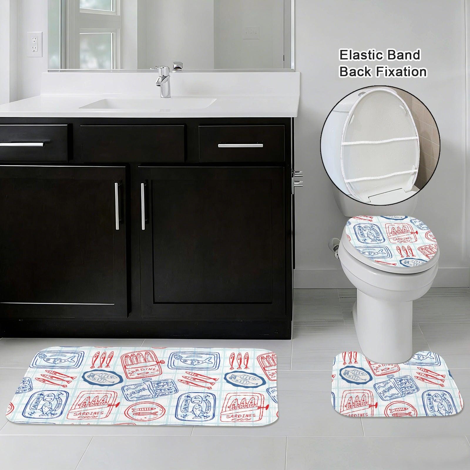 Tinned Fish Shower Curtain, Retro Seafood Bath Decor, Red Blue Coastal Print
