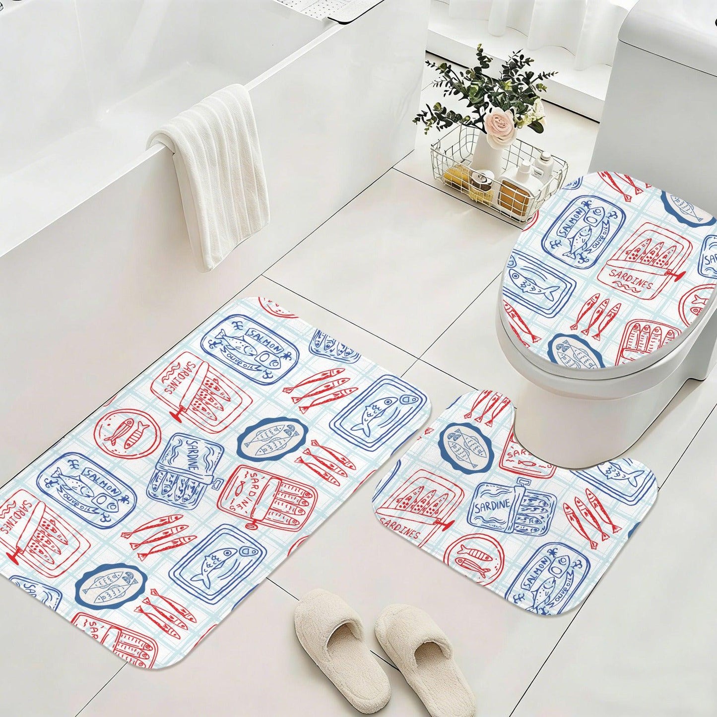 Tinned Fish Shower Curtain, Retro Seafood Bath Decor, Red Blue Coastal Print