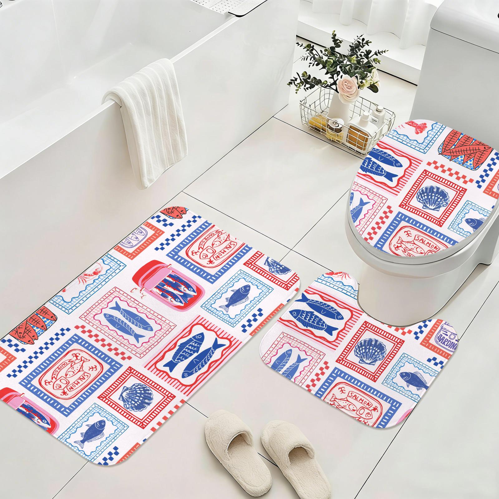 Tinned Fish Shower Curtain, Retro Seafood Market Bathroom Decor, Sardine Lobster Print