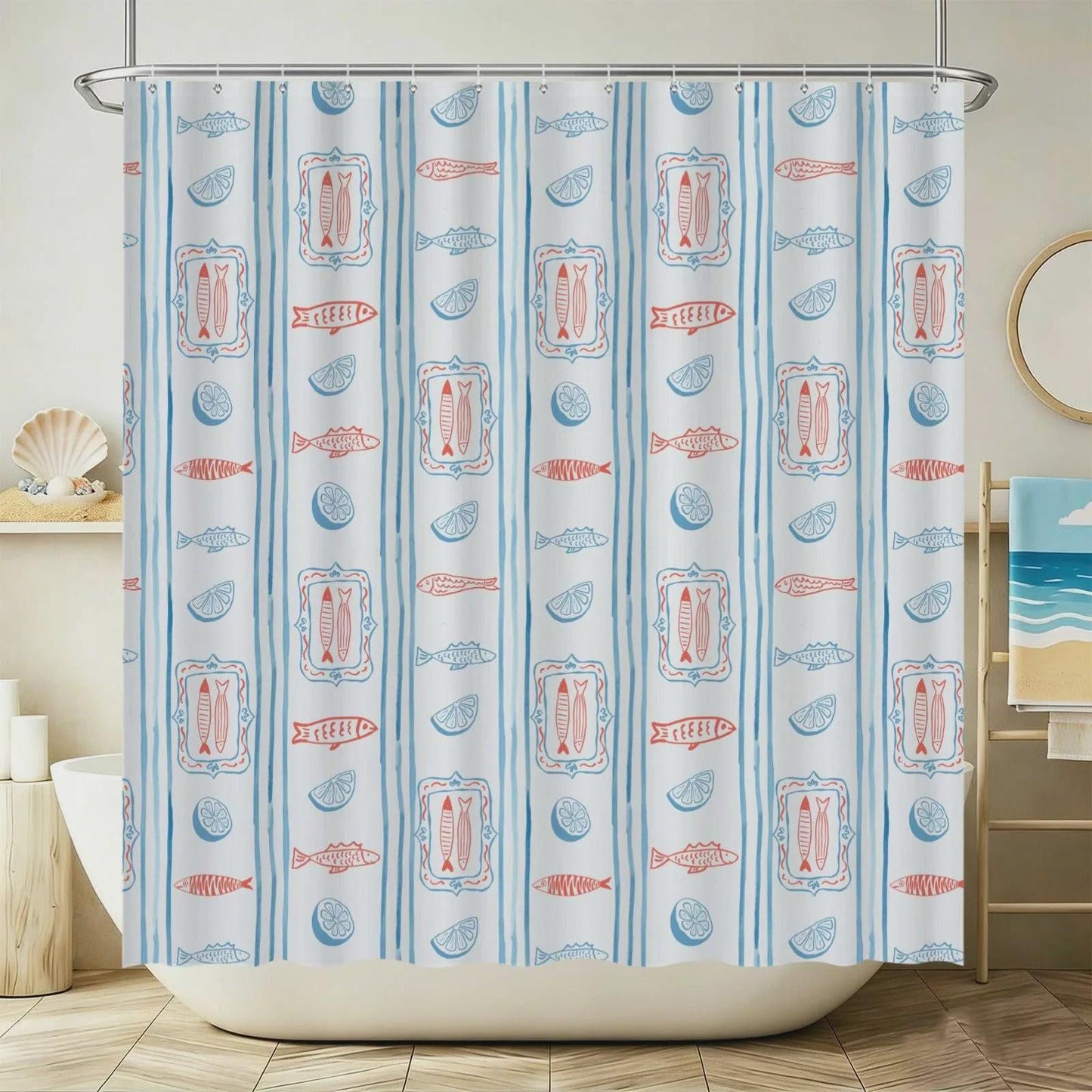 Mediterranean Bath Mat Set, Sardine Lemon Stripe Coastal Bathroom Rug, Beach Apartment Decor