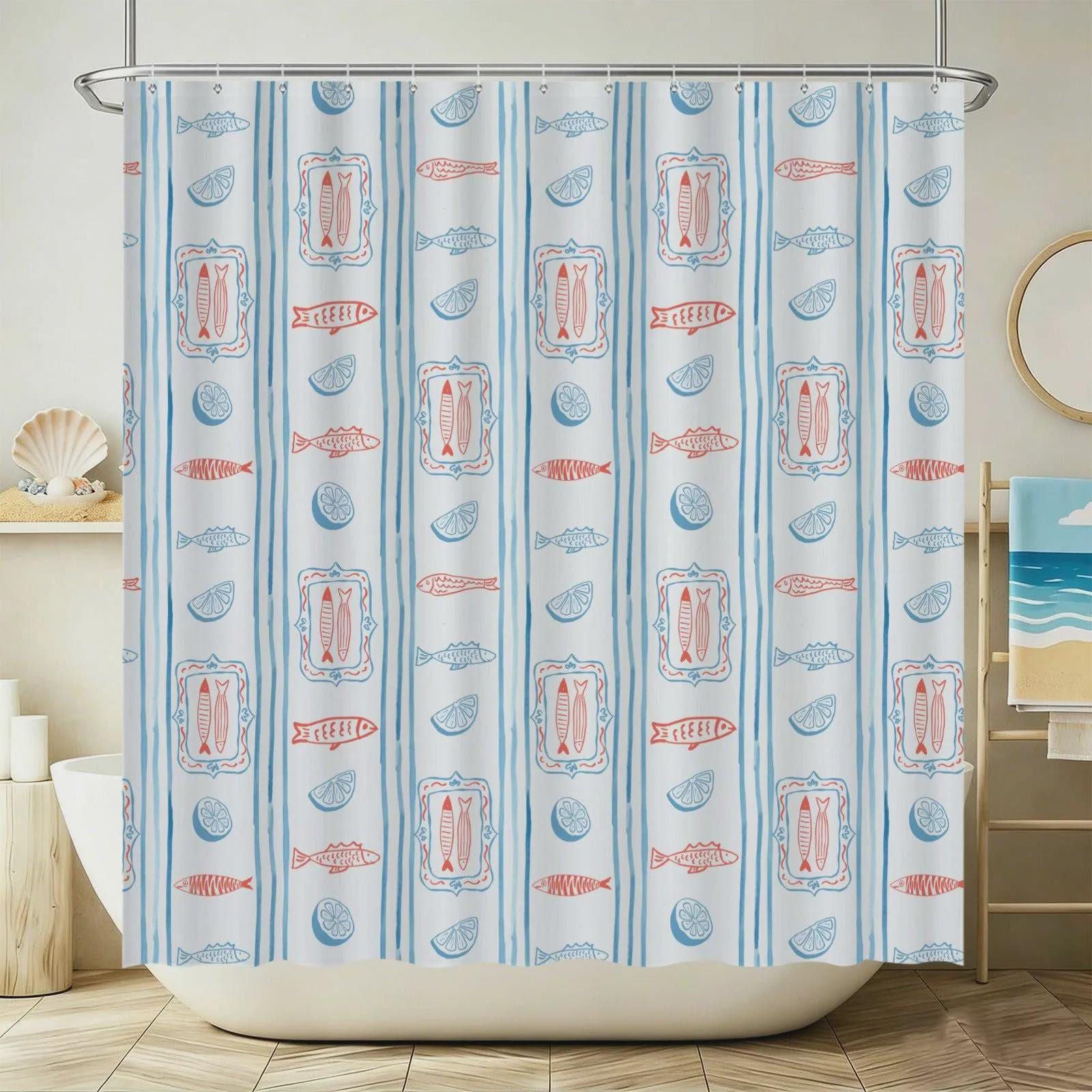 Mediterranean Bath Mat Set, Sardine Lemon Stripe Coastal Bathroom Rug, Beach Apartment Decor